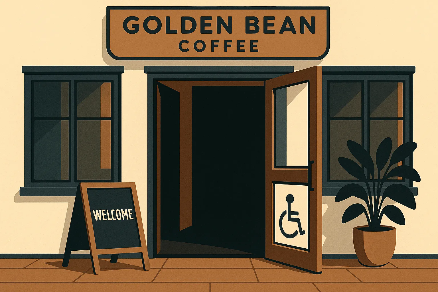 Illustration of a welcoming café entrance with an open door symbolizing inclusivity and access for all