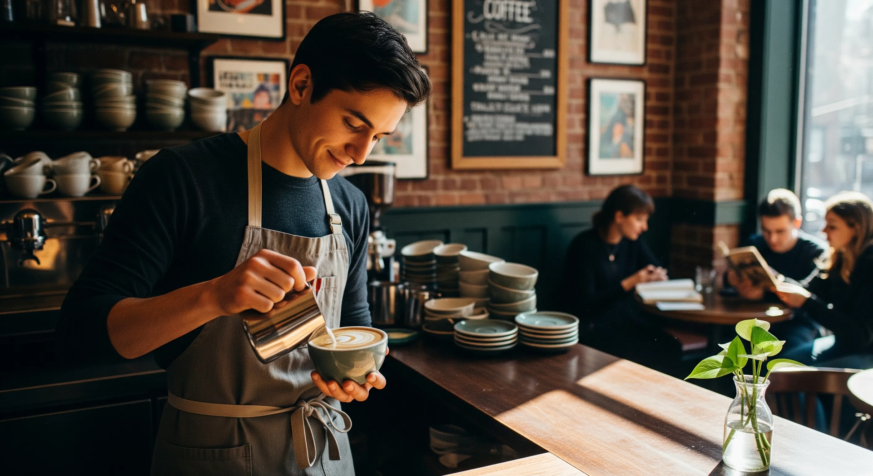Barista pouring latte art inside a warm, sunlit New York café