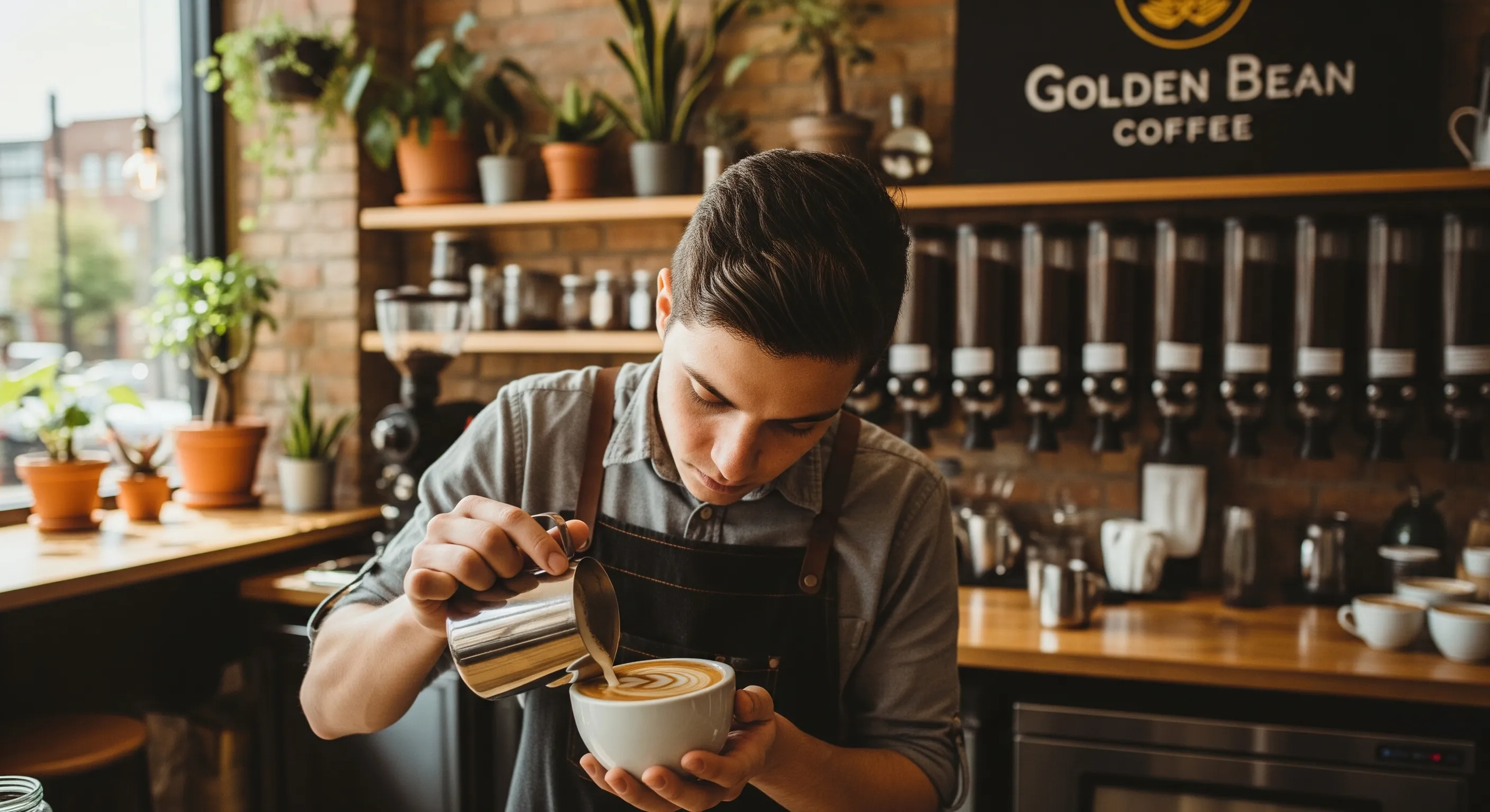 Barista pouring latte art behind the counter at Golden Bean Coffee