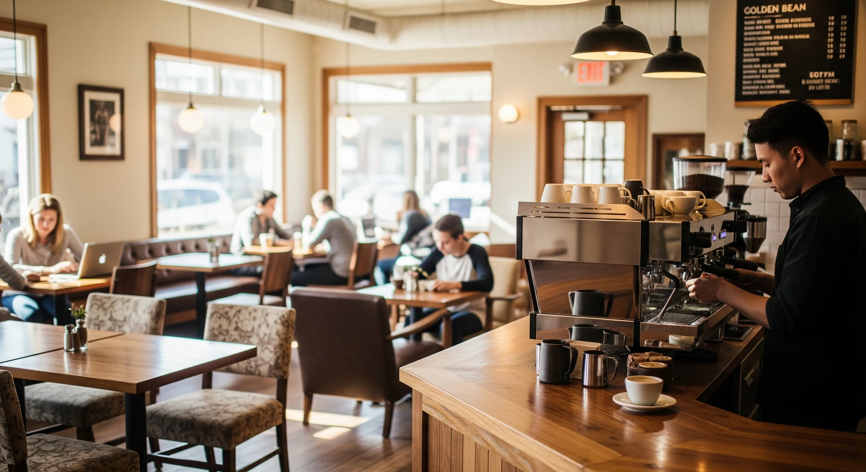 Warm, sunlit interior of Golden Bean Coffee with wooden tables and a barista at the espresso machine.