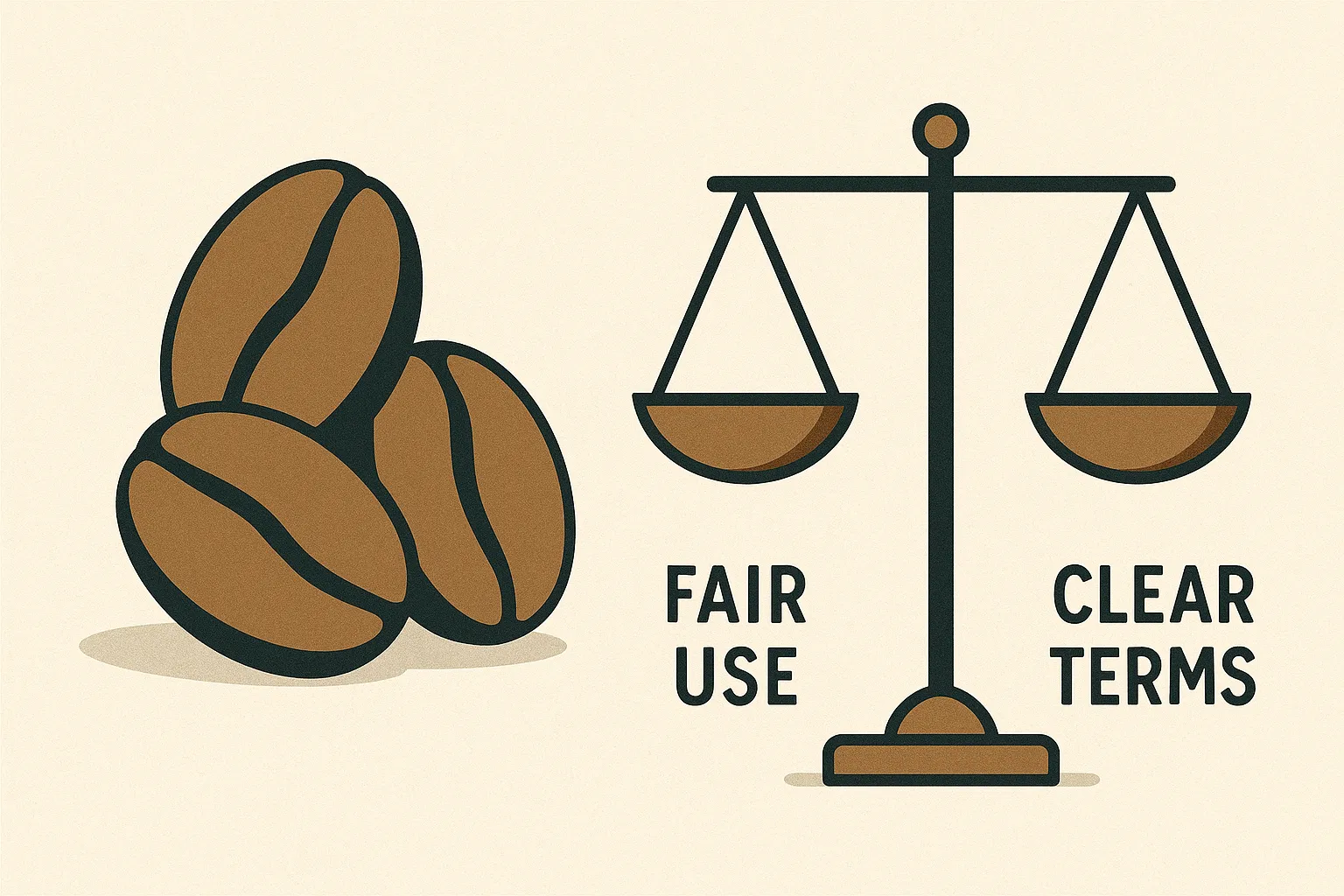 Illustration of coffee beans and a balanced scale symbolizing fair use and clear terms
