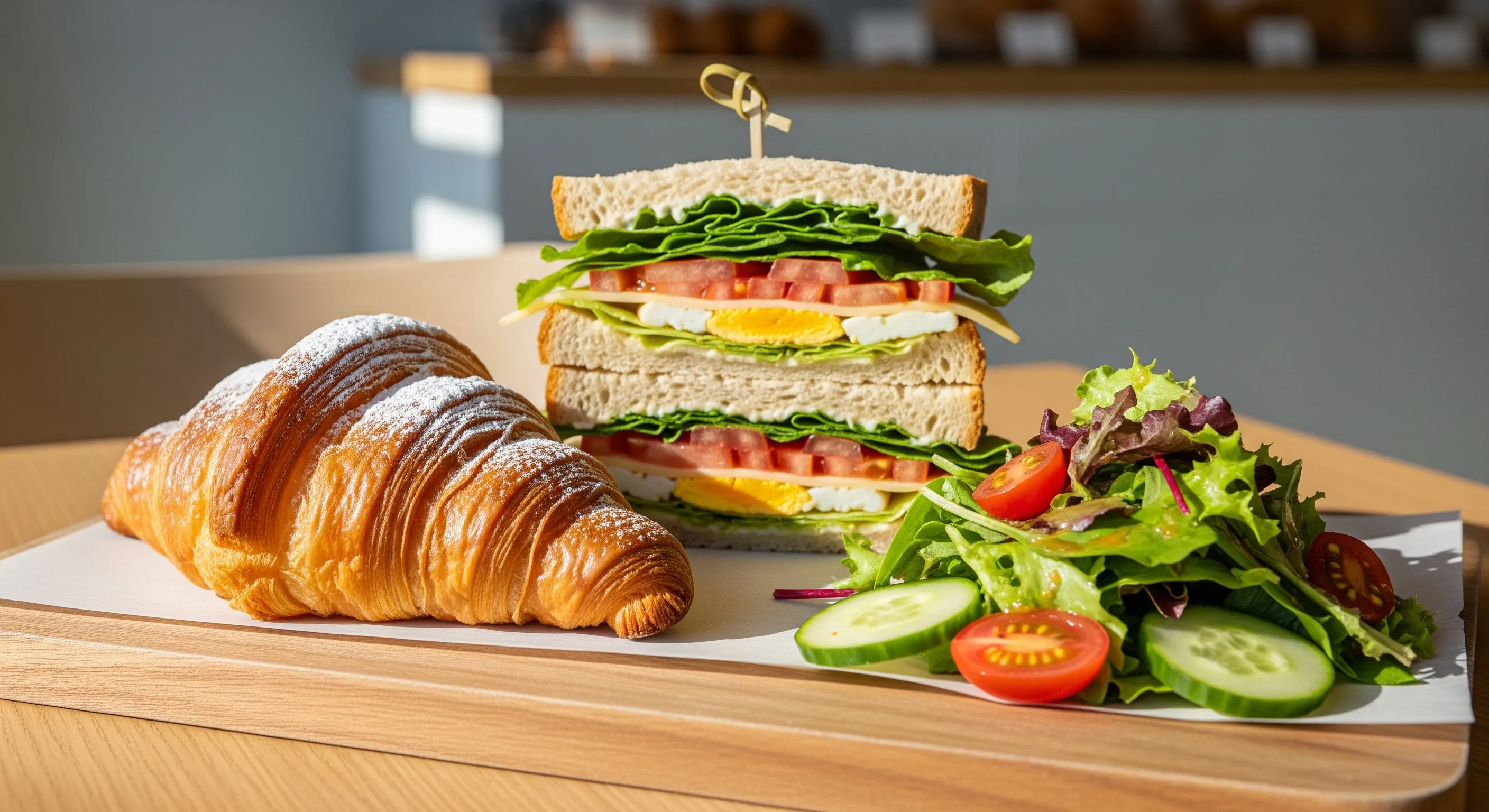Wooden board with a flaky croissant, a stacked sandwich, and a fresh salad.