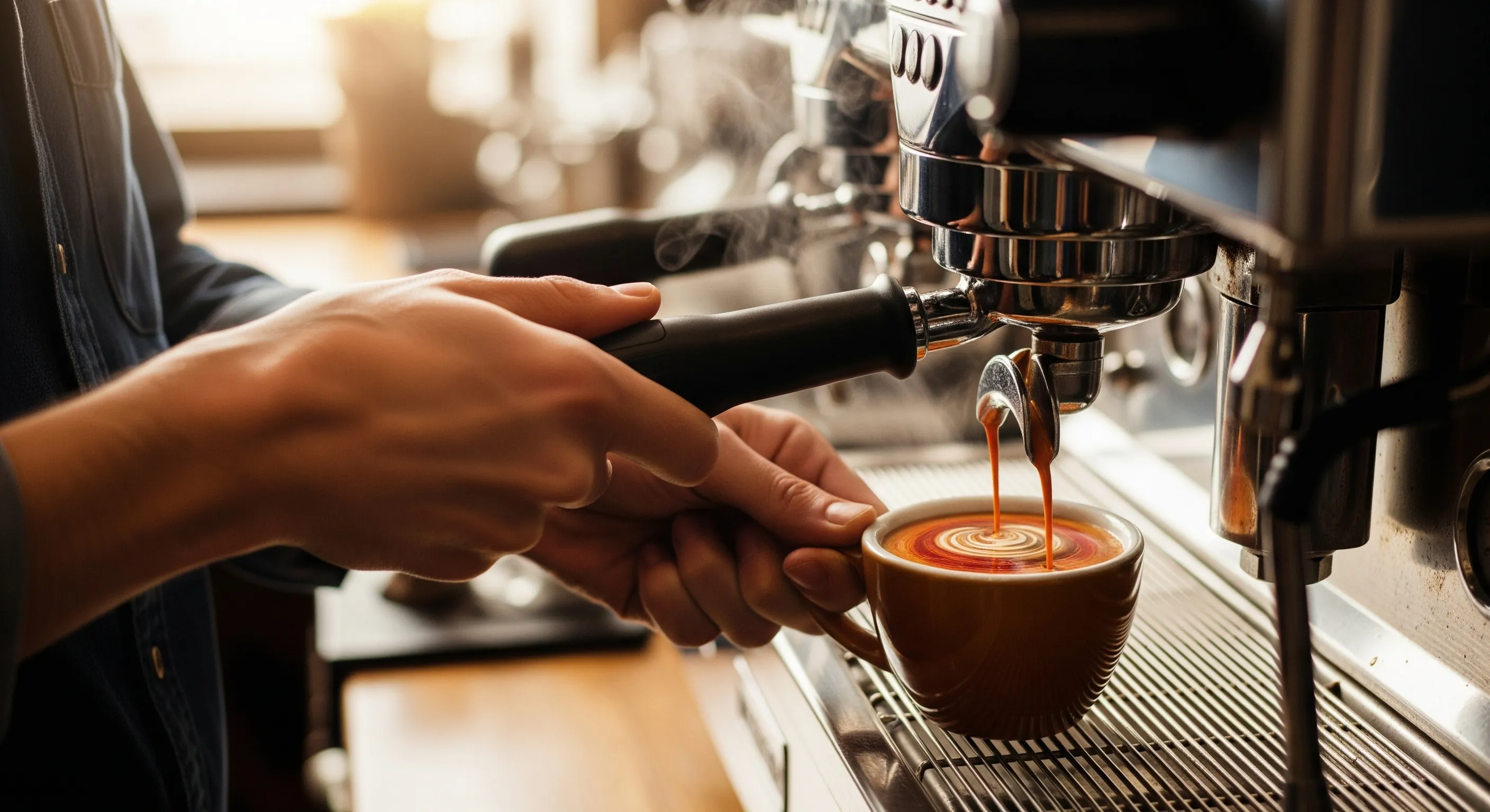 Barista pouring a velvety espresso shot into a small ceramic cup.