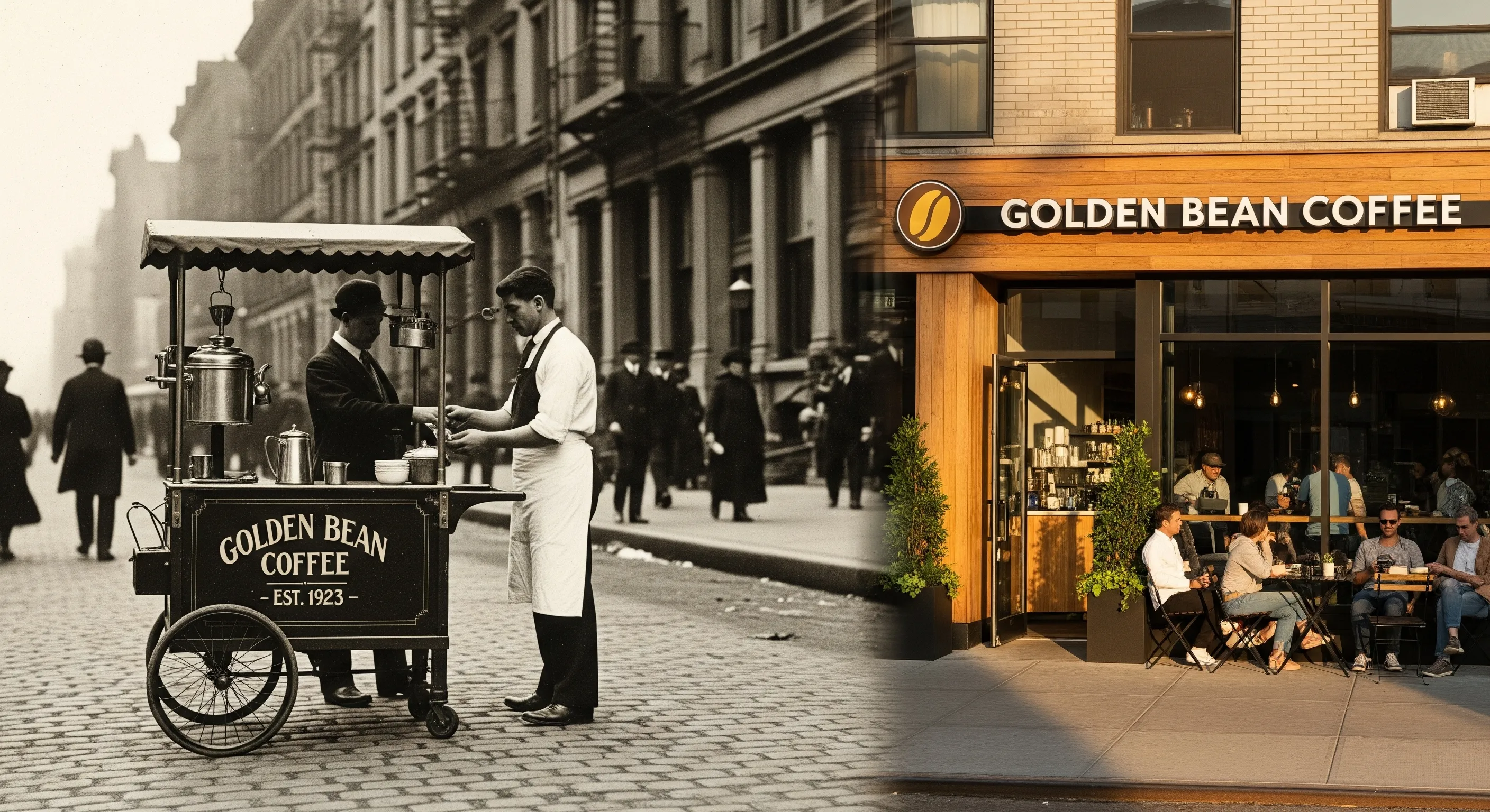 Historic photo collage of our first espresso cart and the current café storefront