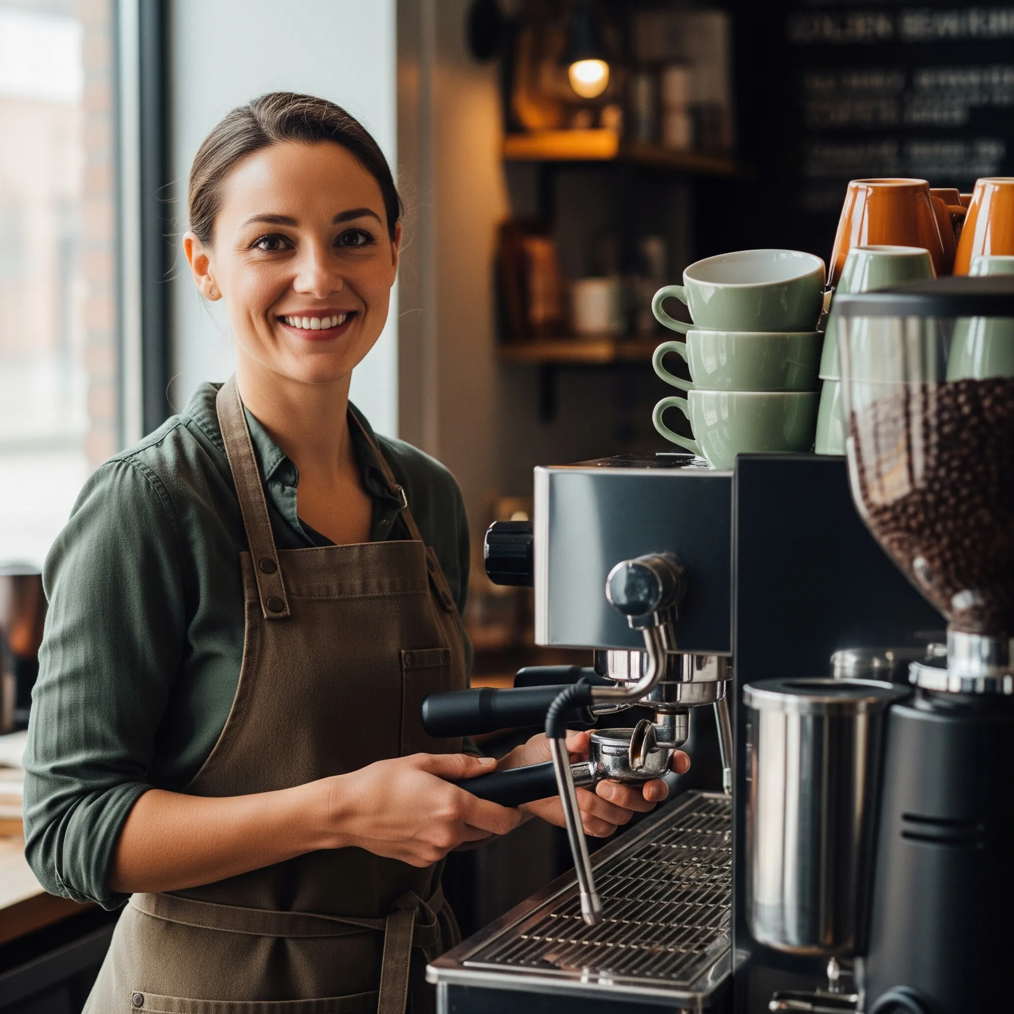 Head barista smiling behind the espresso machine