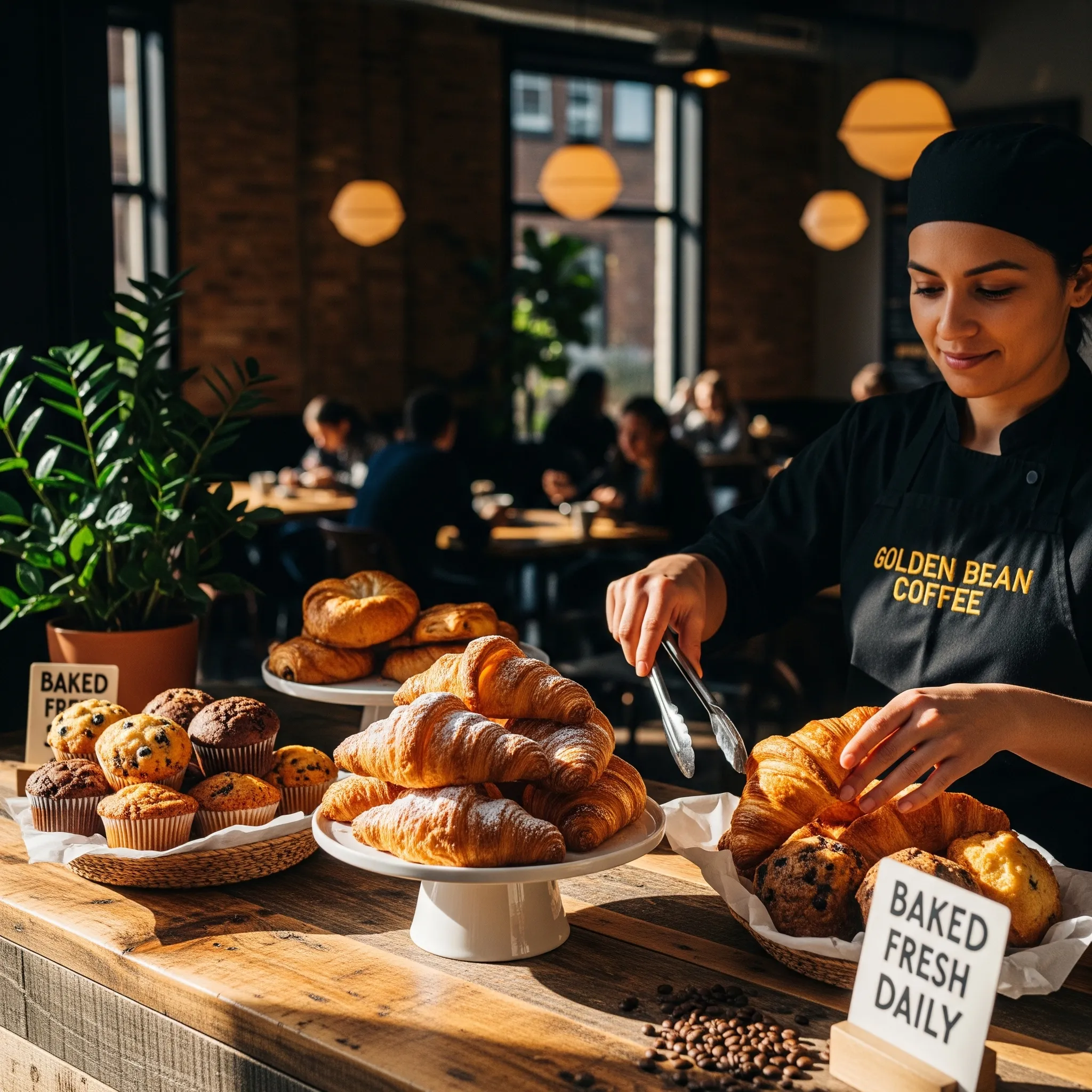 Pastry lead arranging fresh croissants and muffins